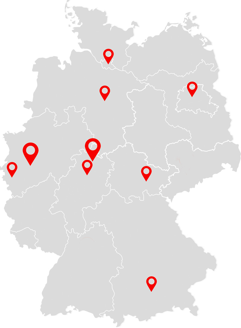 Abbildung DeutschlandKarte mit den Standorten von DANZ FM. Wir sind in ganz Deutschland für Sie vor Ort und deutschlandweit tätig.
